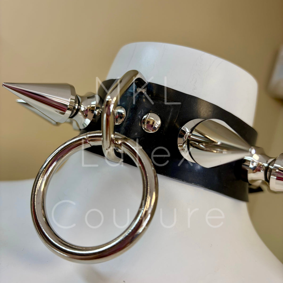 Latex choker with Big screw back tree spikes German spikes punk gothic biker cosplay with optional D-Ring with back buckle