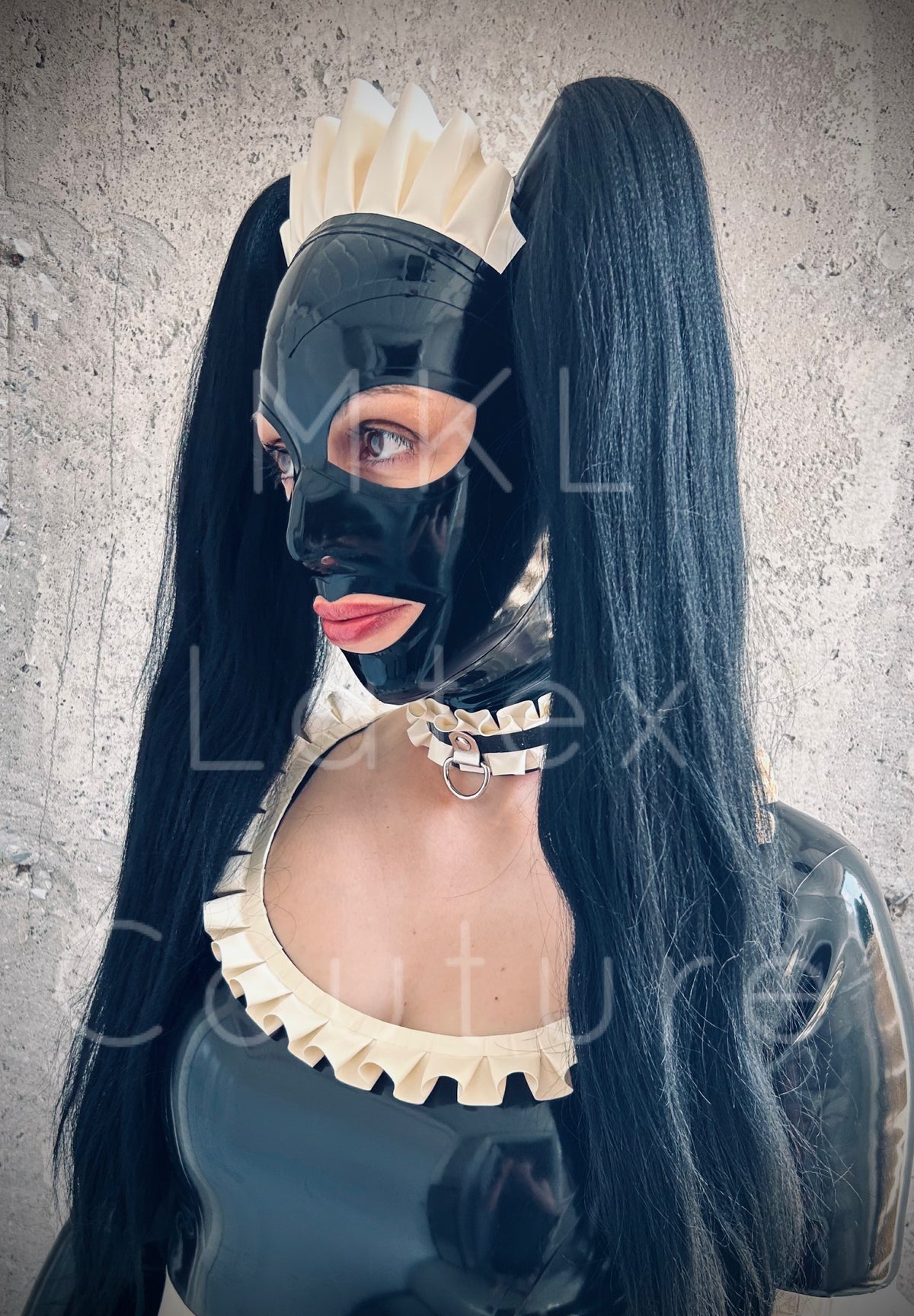 Maid Latex hood in black with ruffle crest french maid with matching ruffle choker and black hair