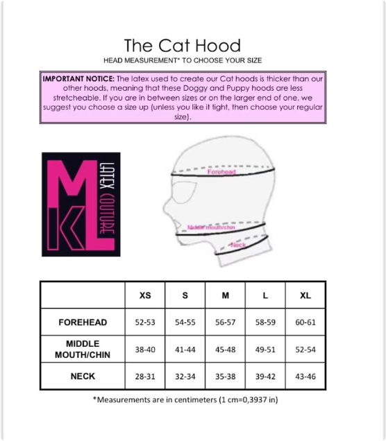 Cat hood size chart