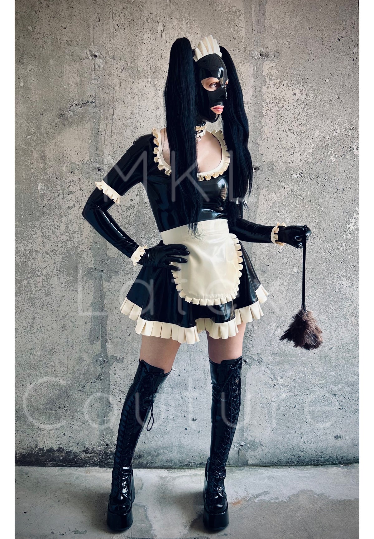 Maid Latex hood in black with ruffle crest french maid with matching ruffle choker and black hair