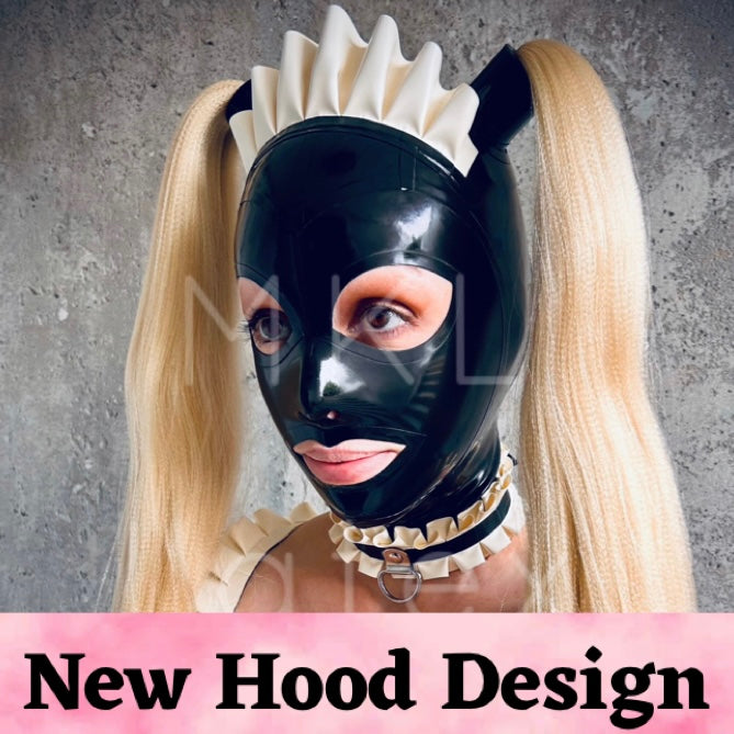 Maid Latex hood in black with ruffle crest french maid with matching ruffle choker and blond hair