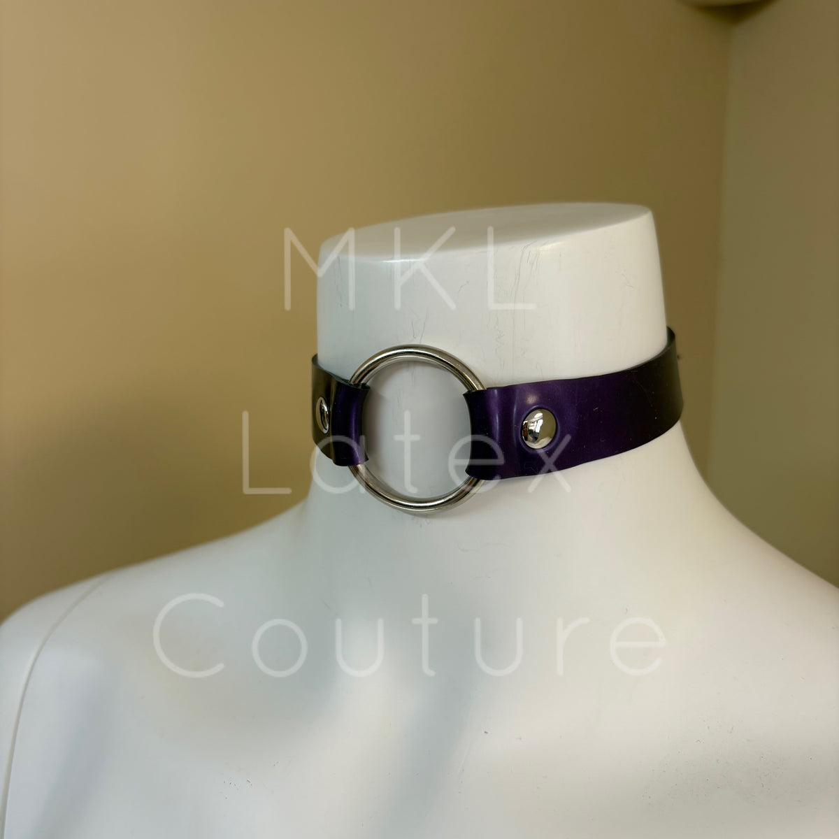 Metallic Purple Latex metal ring choker with studs, buckle and eyelets