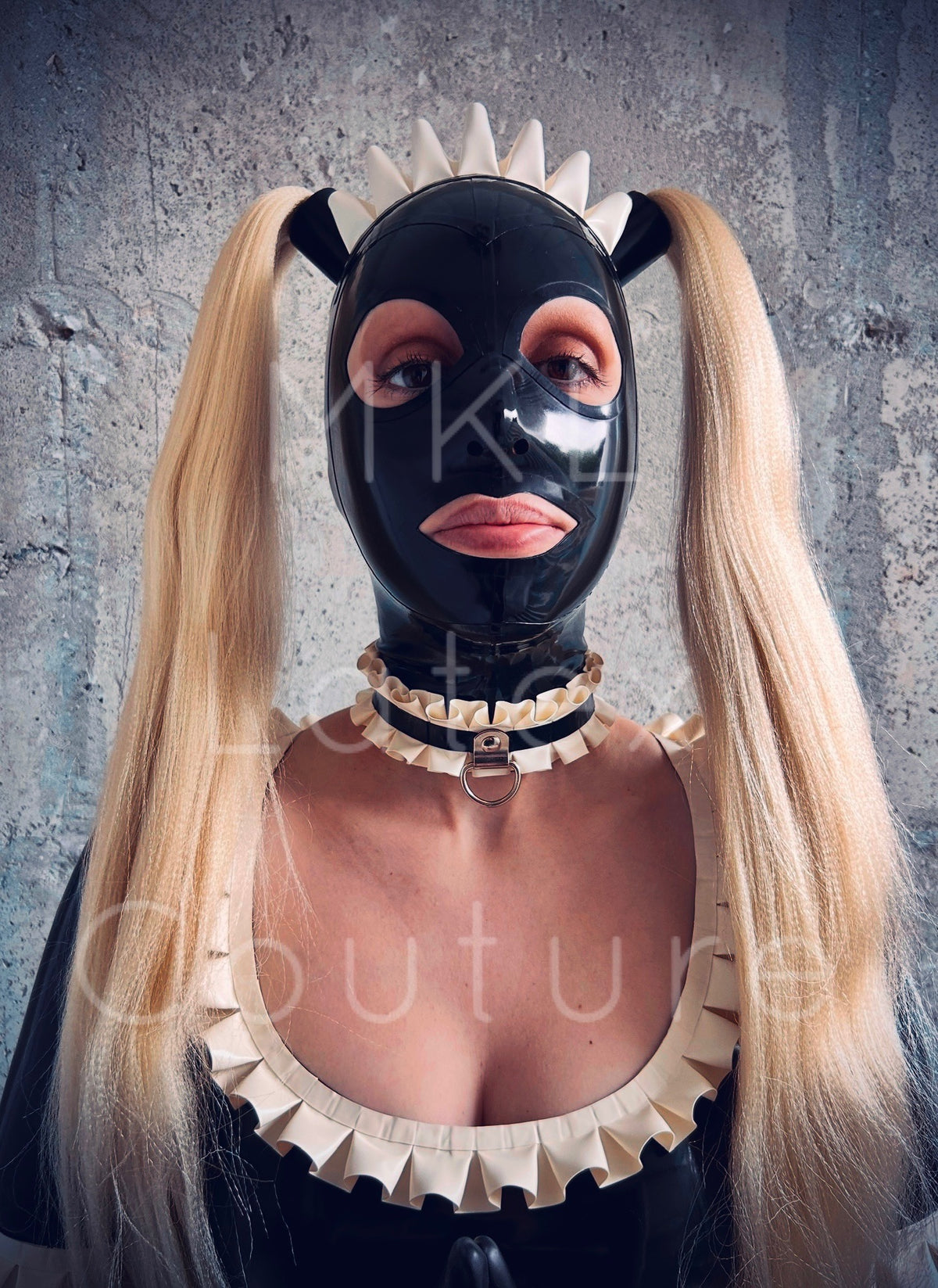 Maid Latex hood in black with ruffle crest french maid with matching ruffle choker and blond hair