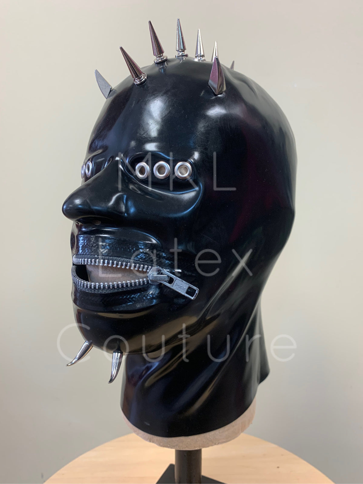 Dystopian Fear Latex Hood with zipper, eyelets and metal studs