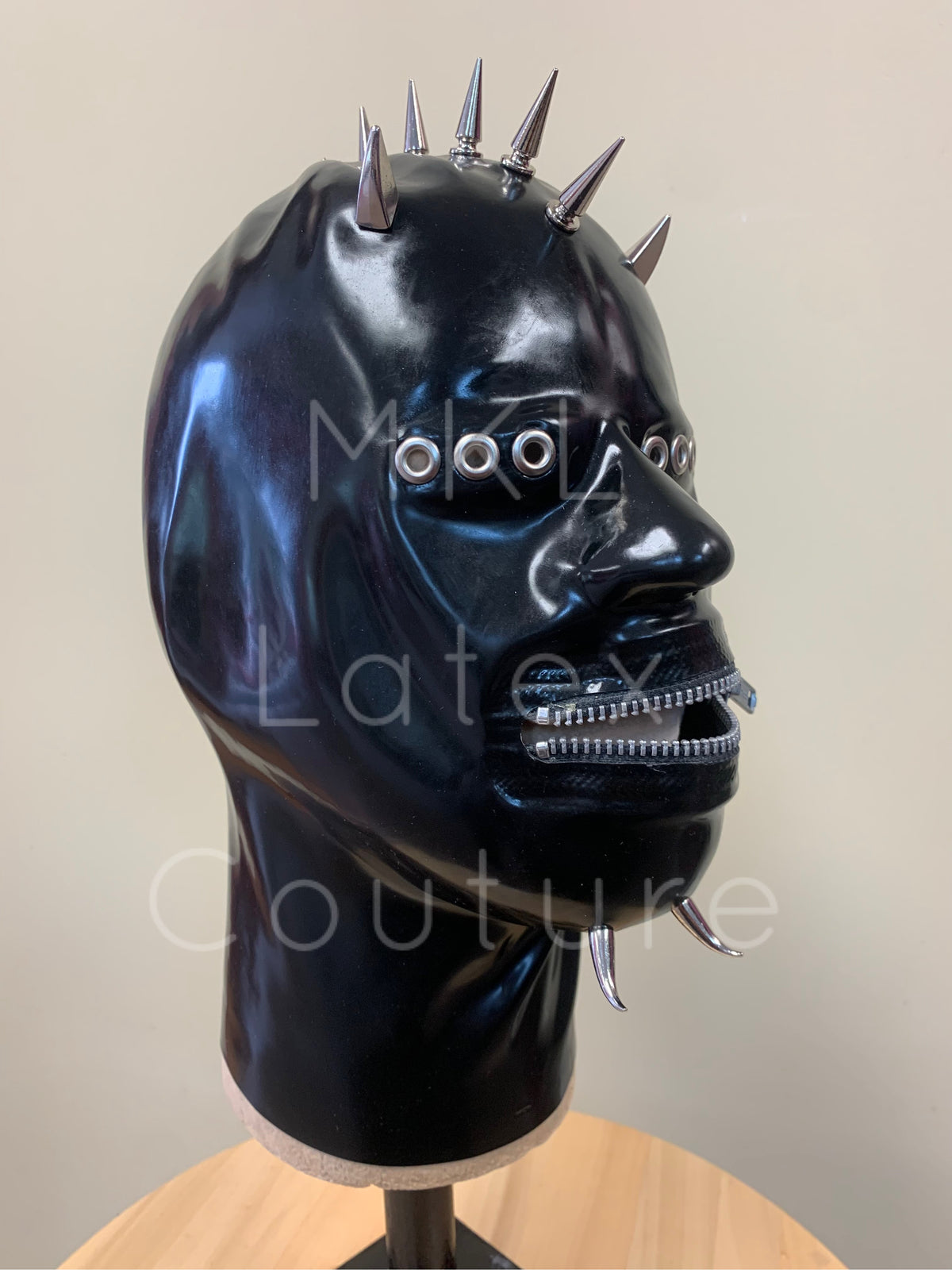 Dystopian Fear Latex Hood with zipper, eyelets and metal studs