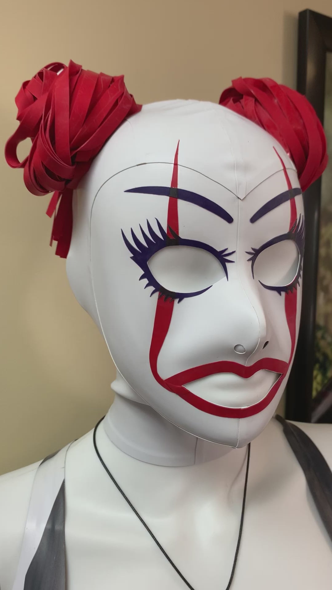 Latex hood Penny cosplay it red balloon open mouth and latex pigtails