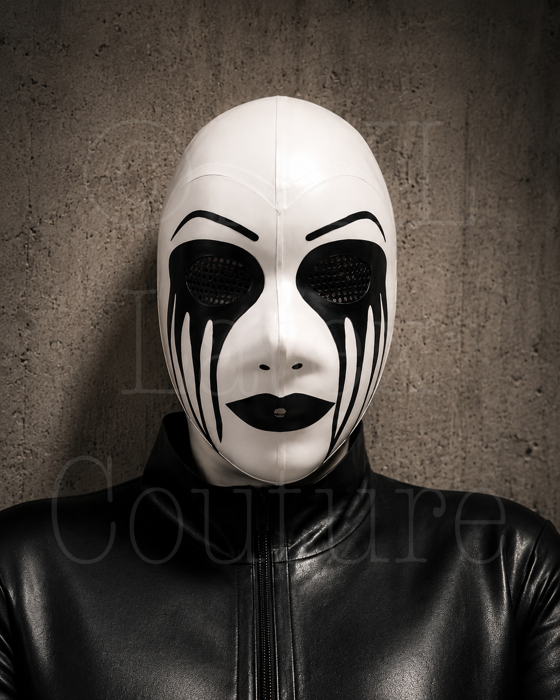Toxic latex hood with perforated eyes and straw hole mouth 