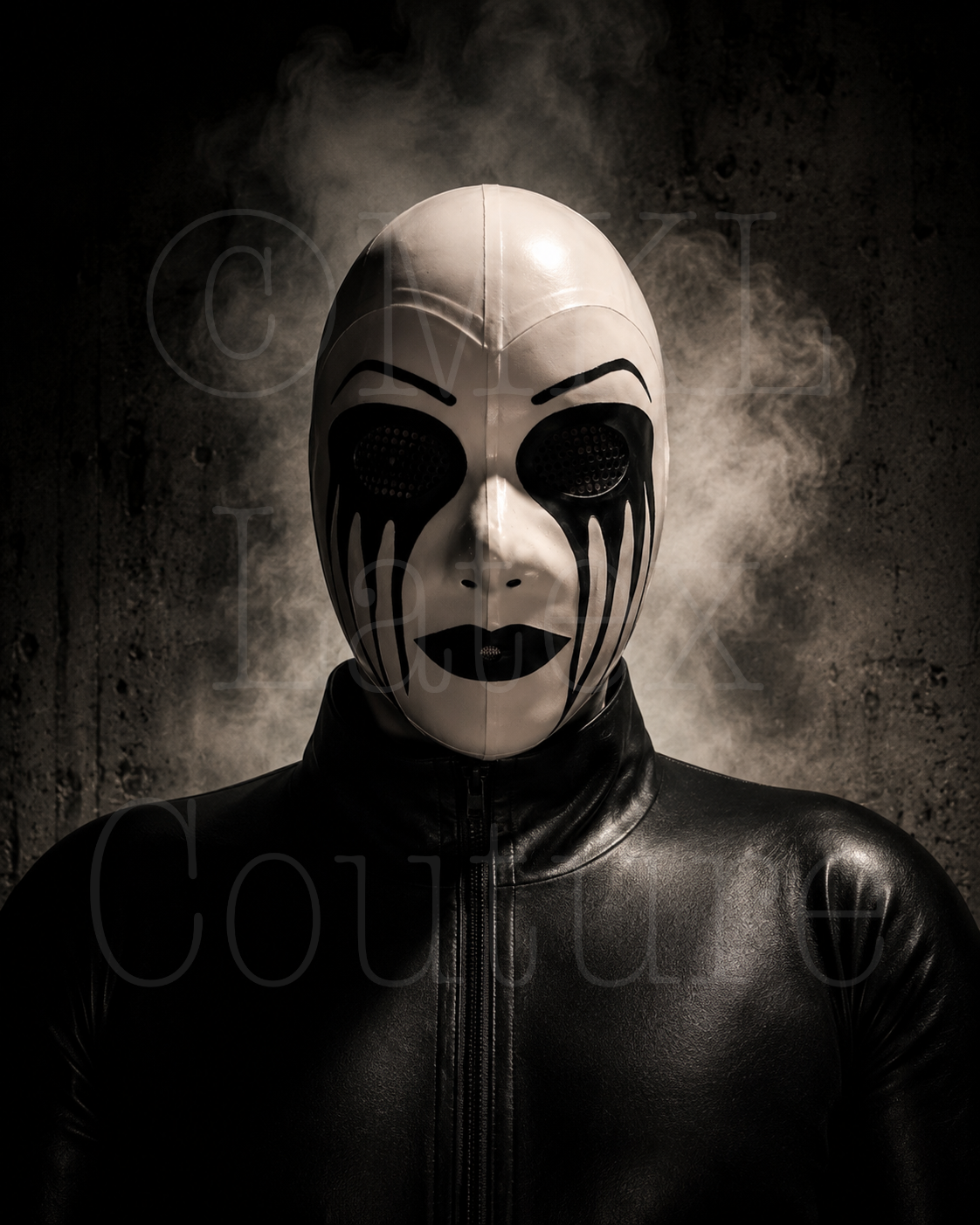 Toxic latex hood with perforated eyes and straw hole mouth 