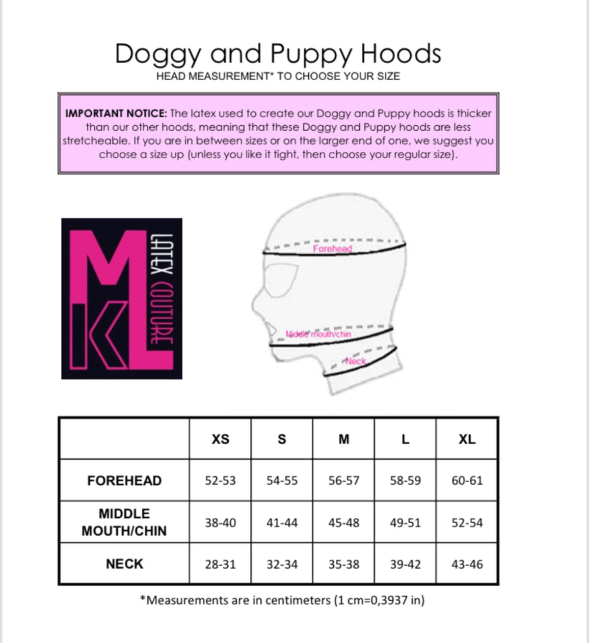 Doggy and Puppy Latex Hood Head measurements