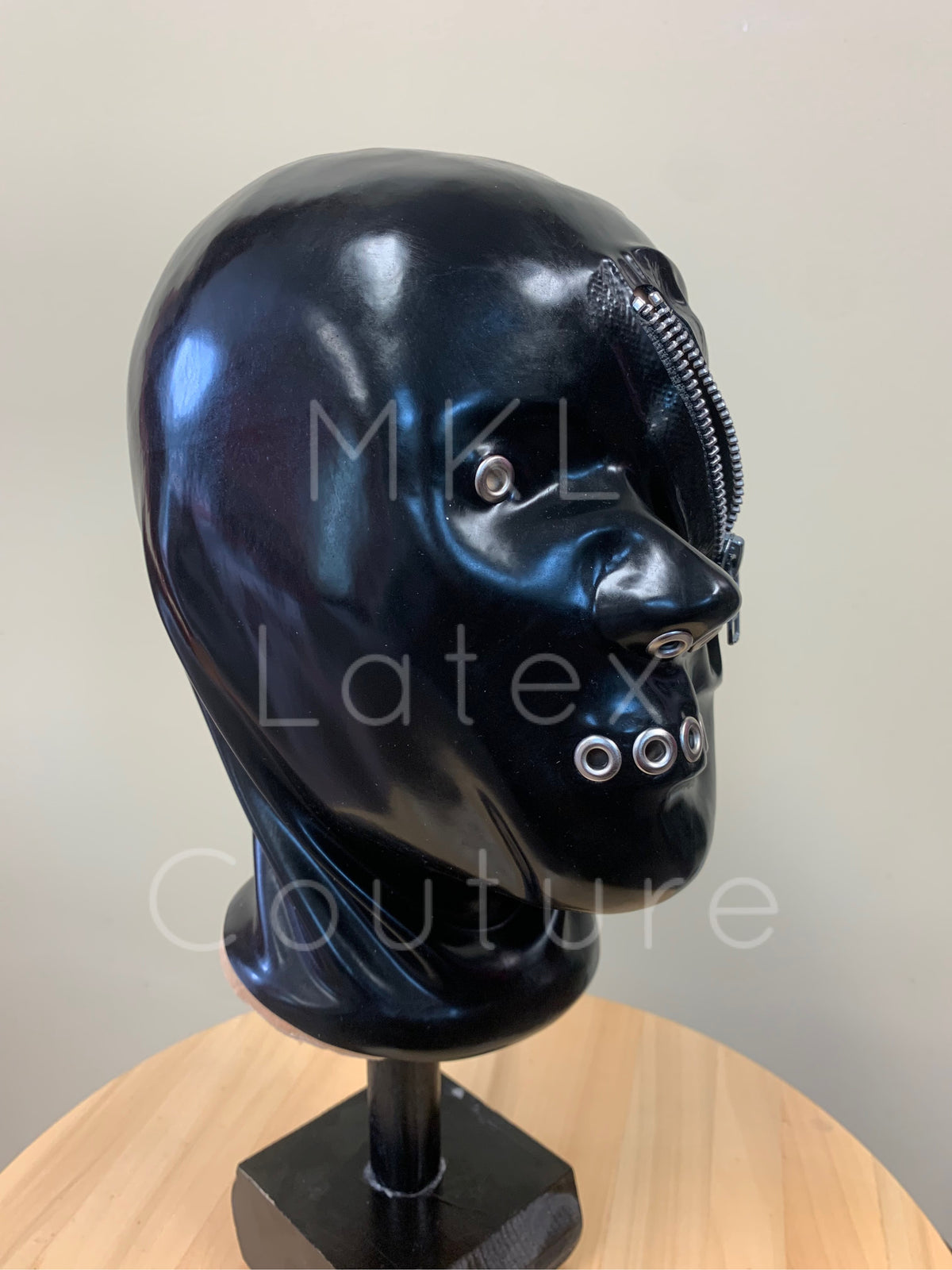 Dystopian Latex Hood with zipper, eyelets and metal studs