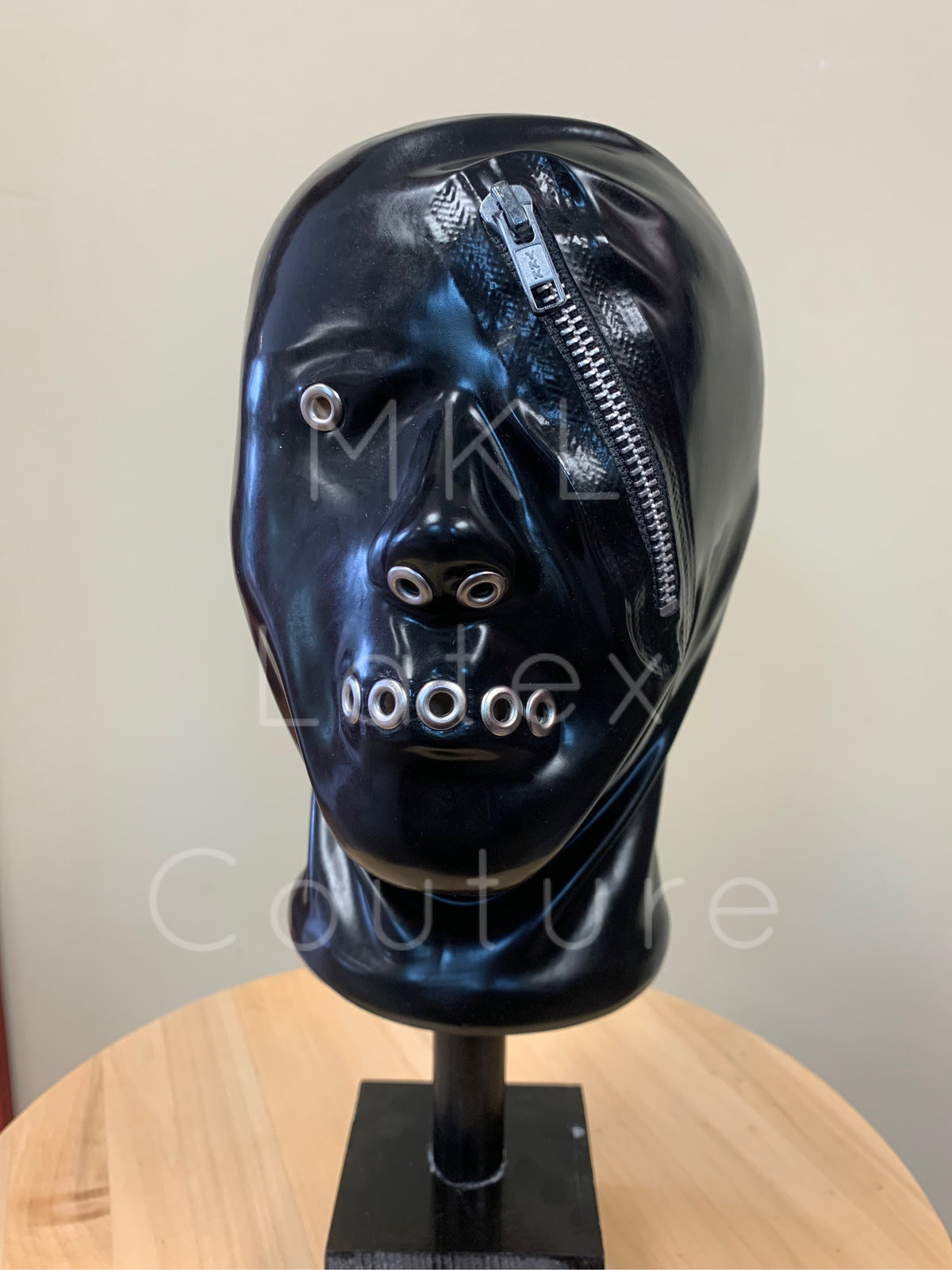 Dystopian Latex Hood with zipper, eyelets and metal studs