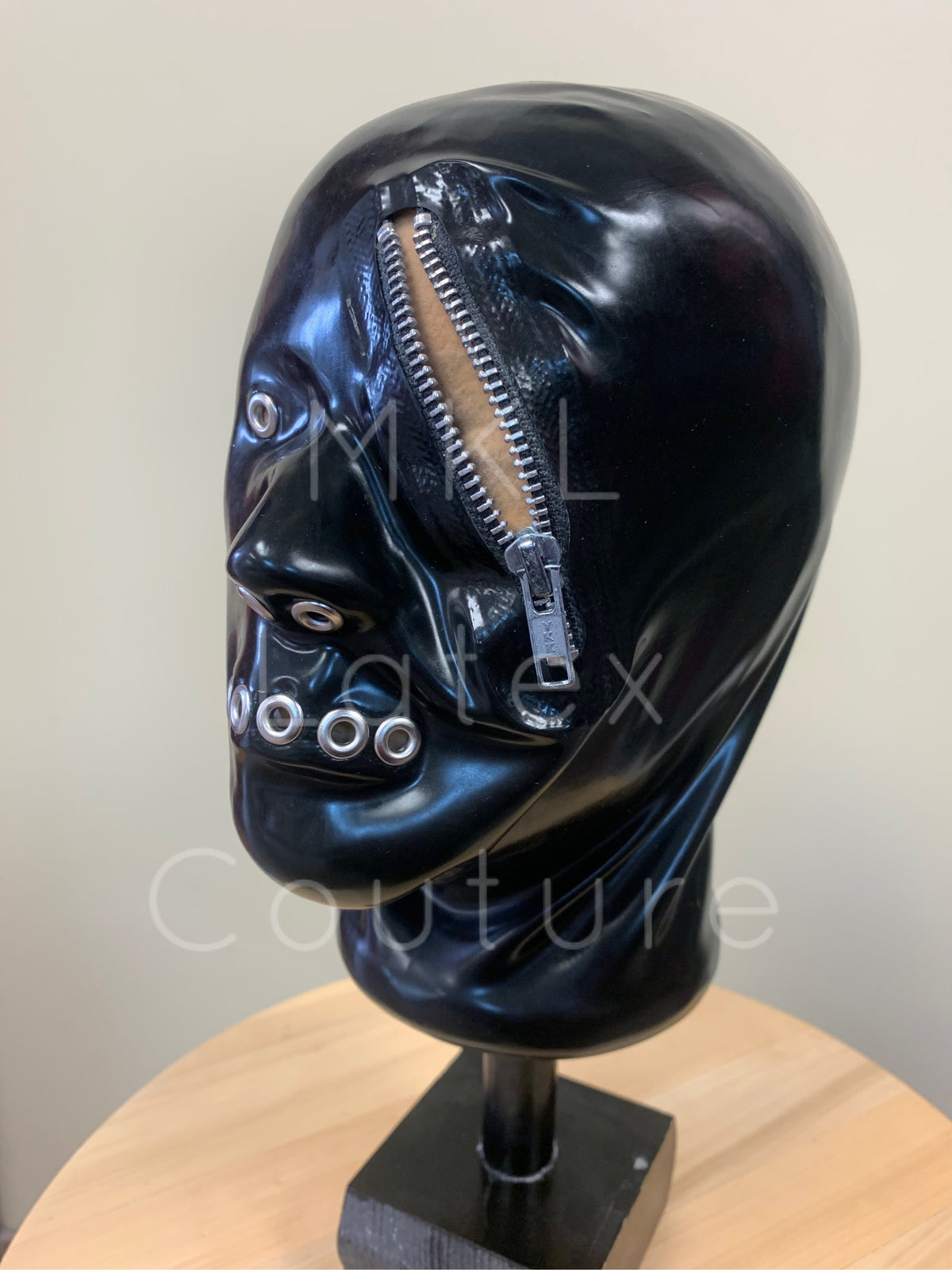 Dystopian Latex Hood with zipper, eyelets and metal studs