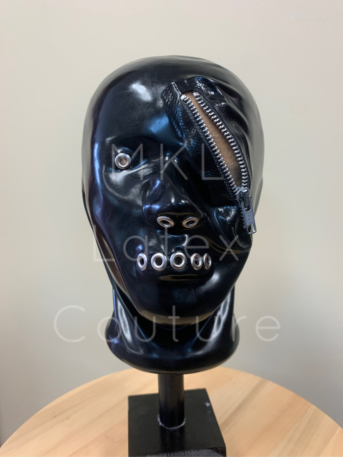 Dystopian Latex Hood with zipper, eyelets and metal studs