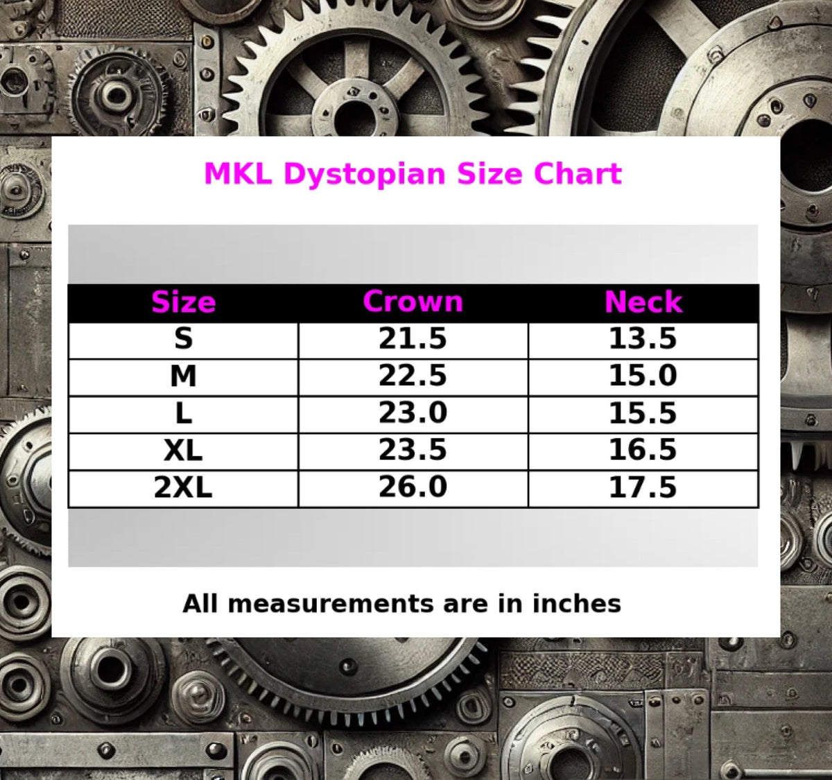 Dystopian Latex Hood size chart