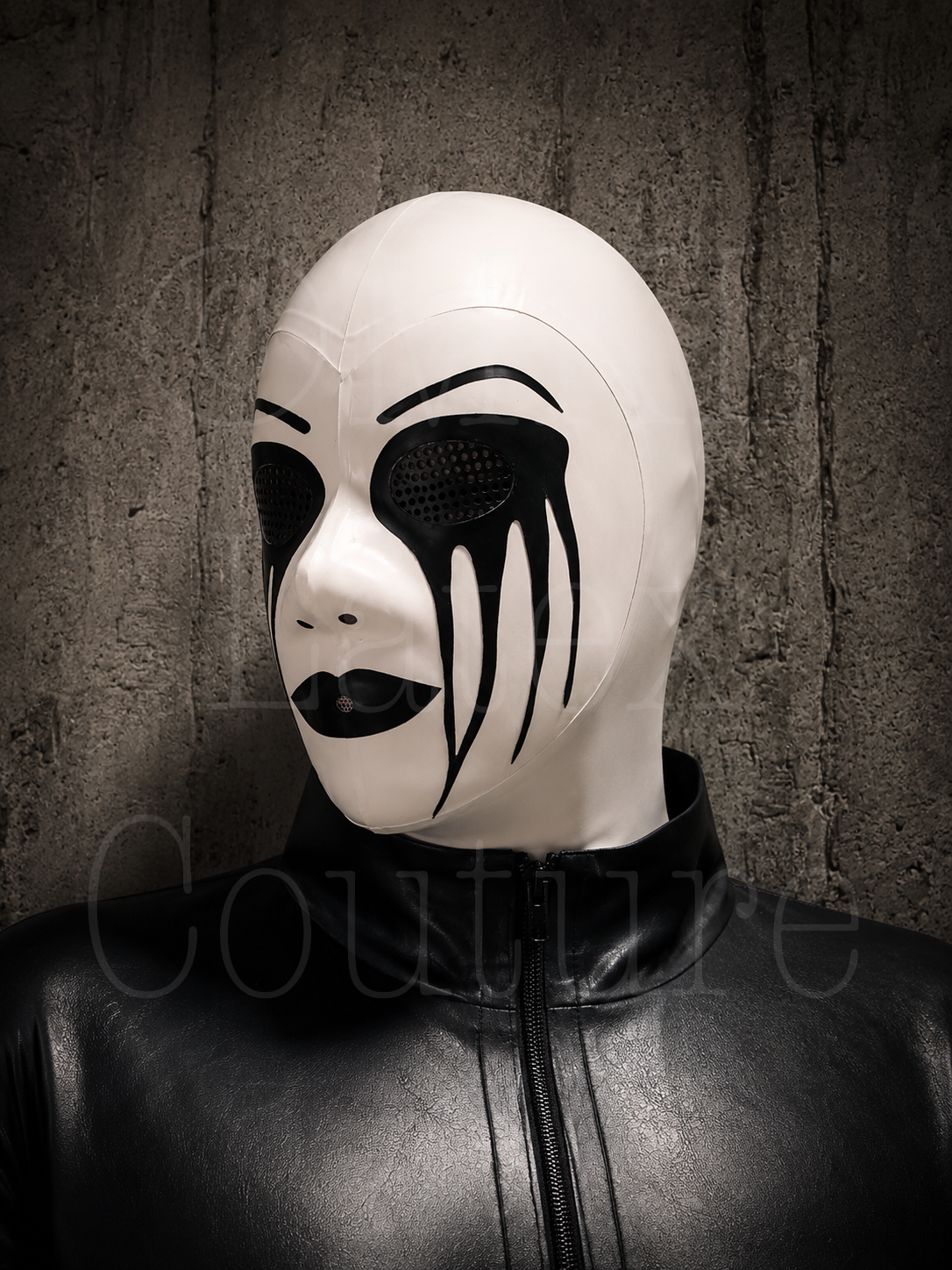 Toxic latex hood with perforated eyes and straw hole mouth 