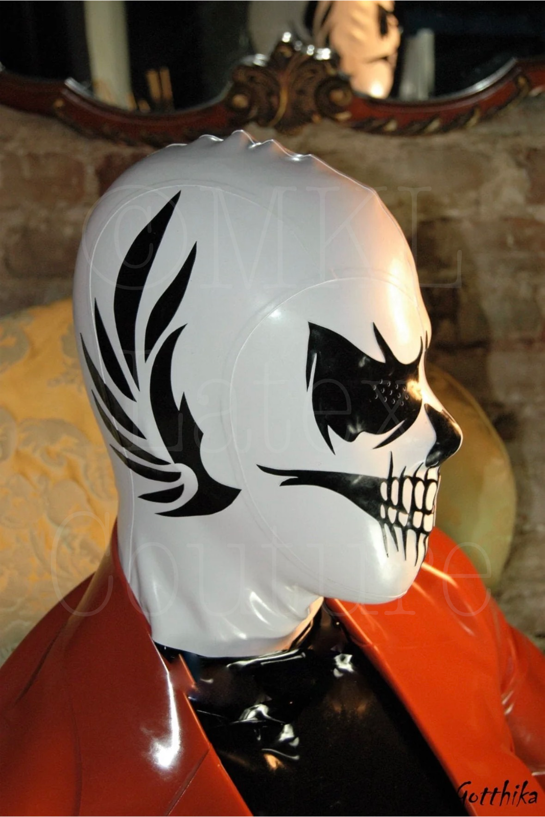 Skeleton latex hood with side wings details, Black and white skeleton latex mask