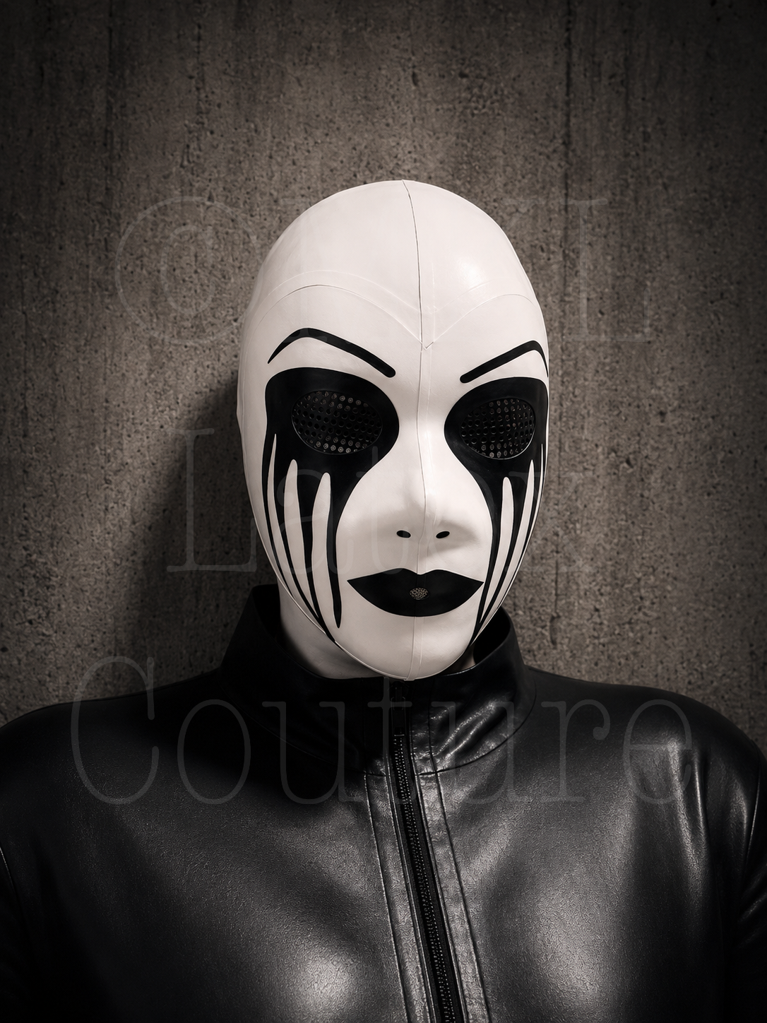 Toxic latex hood with perforated eyes and straw hole mouth 