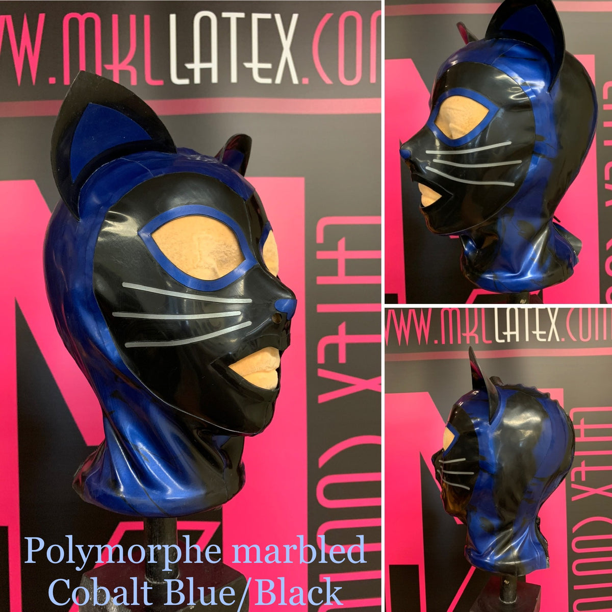 Kitty Marbled Latex Hood cobalt blue and black