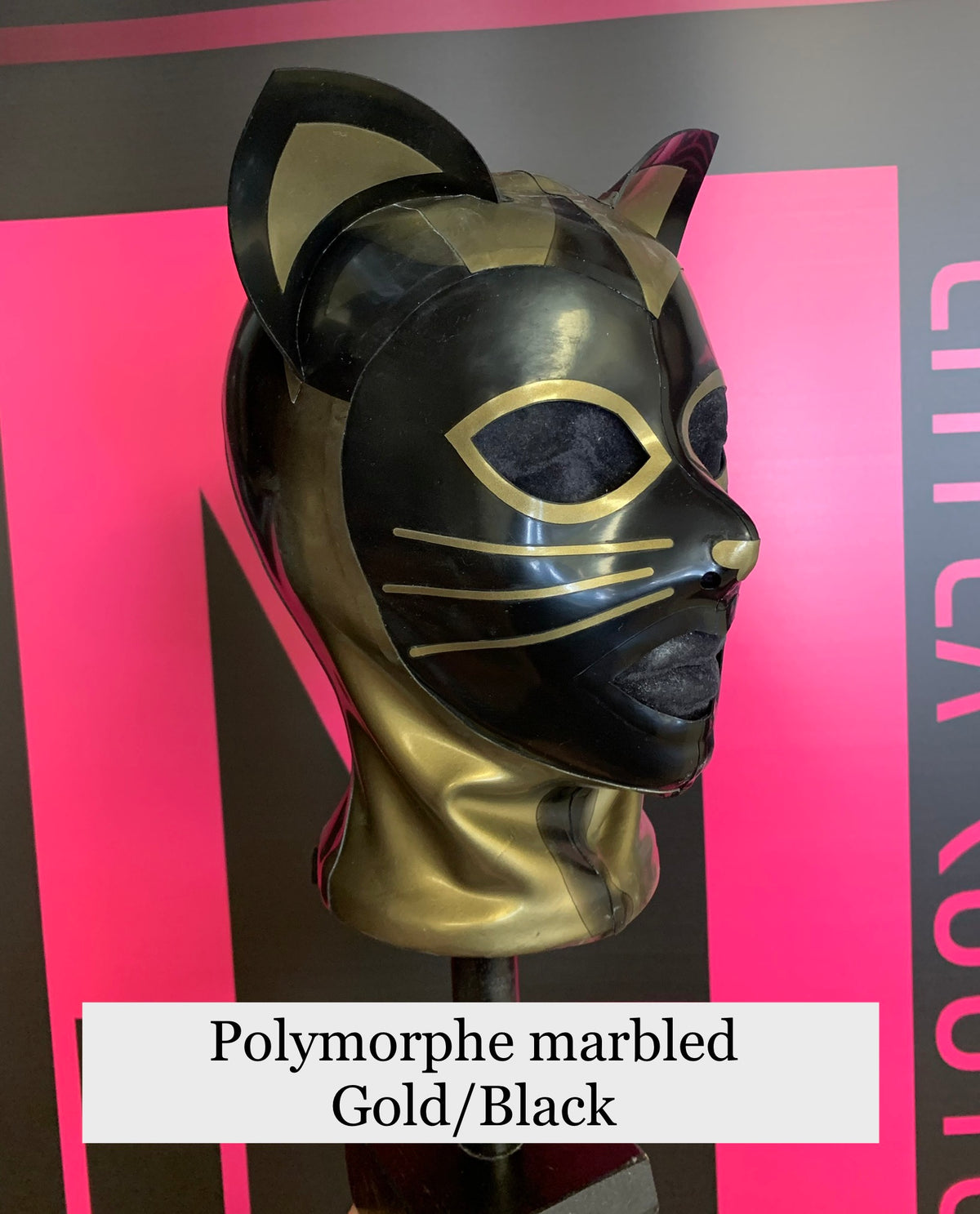 Kitty Marbled Latex Hood gold and black