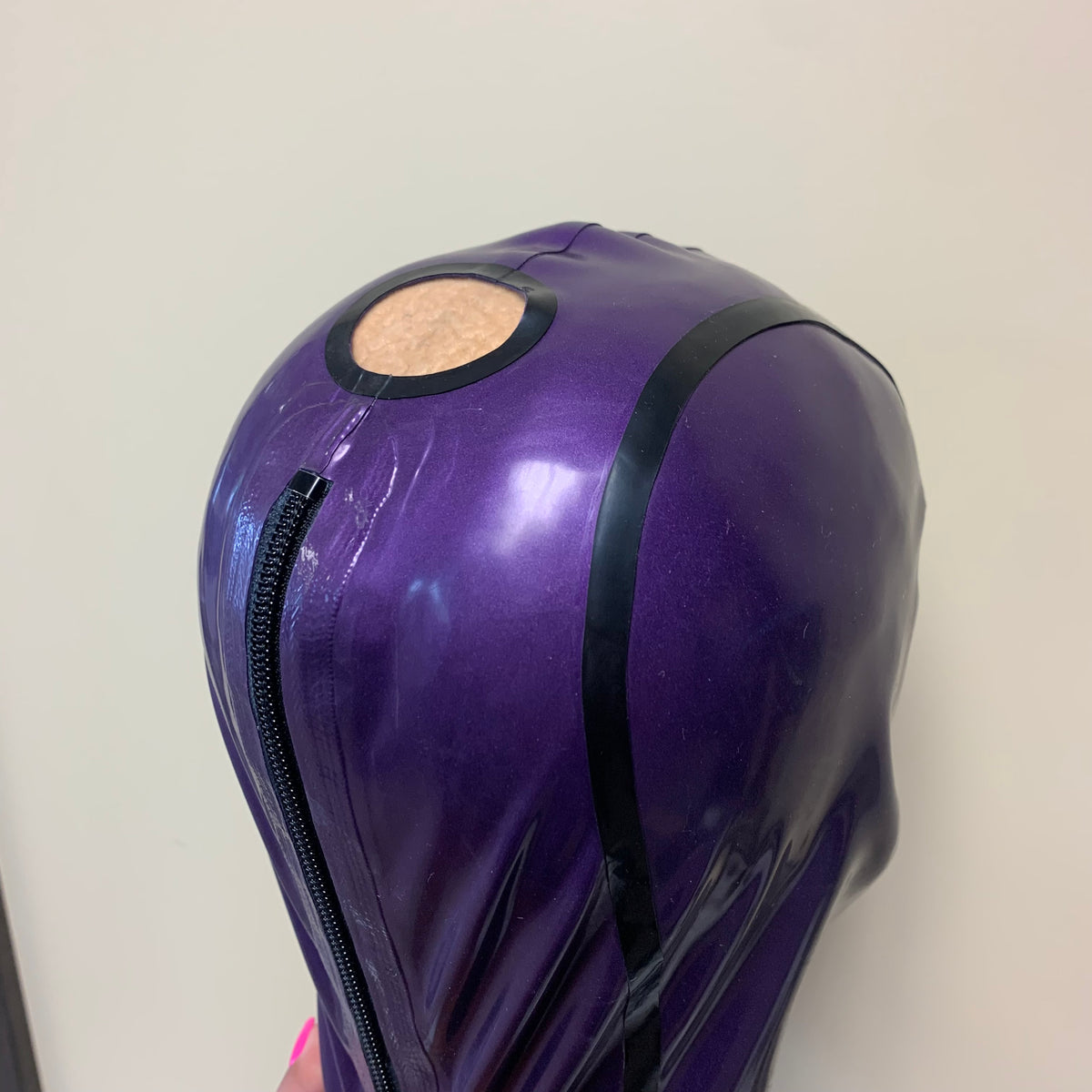 Latex hood ponytail pullout hole